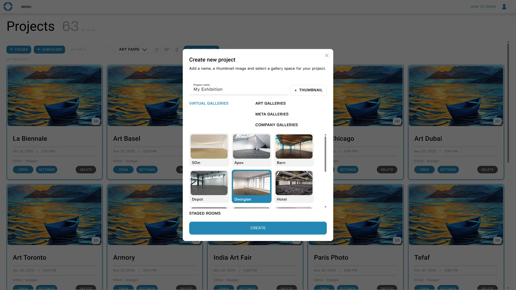 The Voyager create-a-new-project modal with virtual gallery spaces to choose from