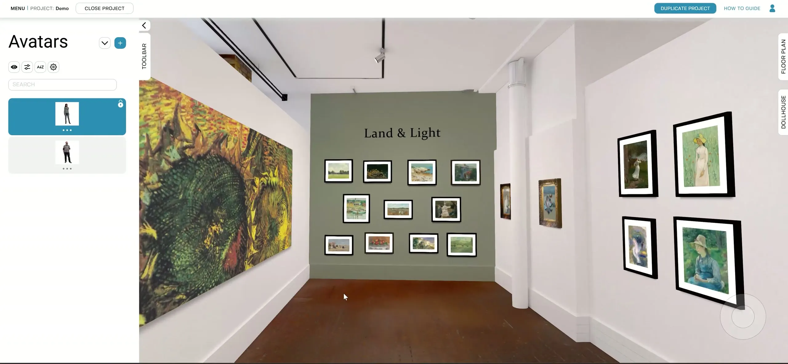 A Voyager project in the 3D planner: a green feature wall titled “Land & Light” hung with a grid of paintings, with more works on the walls either side